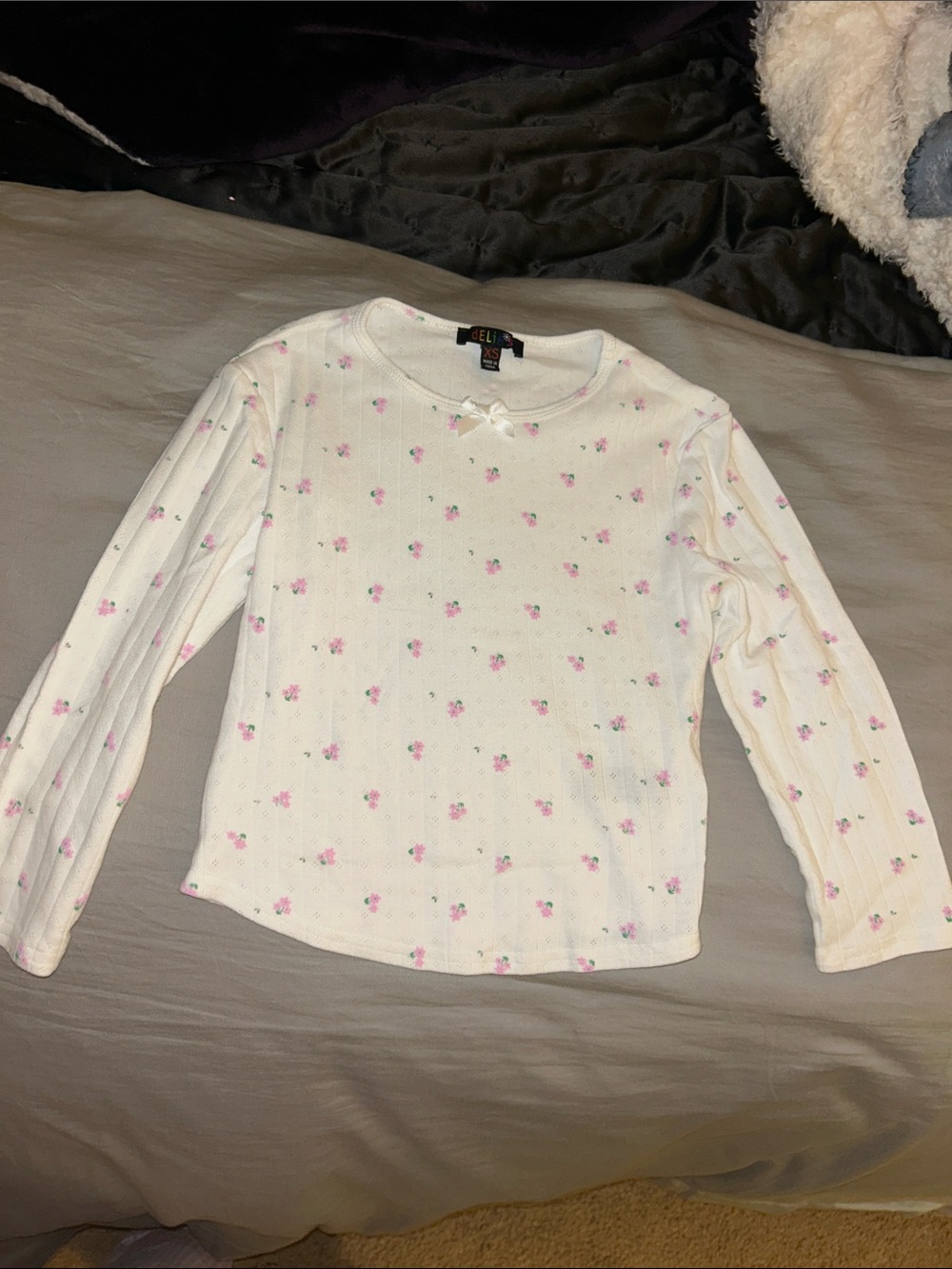 Delia’s Cream Long-Sleeve Ribbed Top with Pink Floral Print